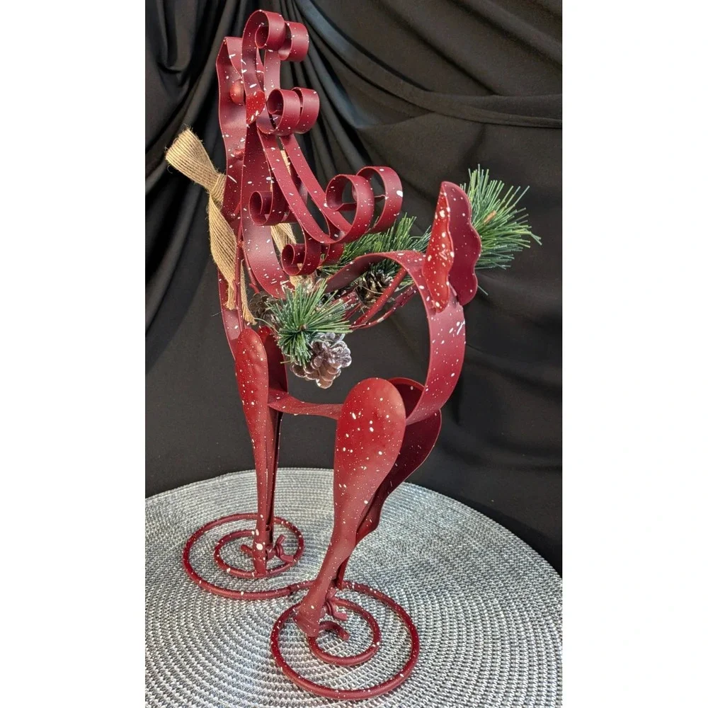 Vtg Rustic Metal Reindeer Tabletop Figurine Snow Splatter Pinecone Burlap 14